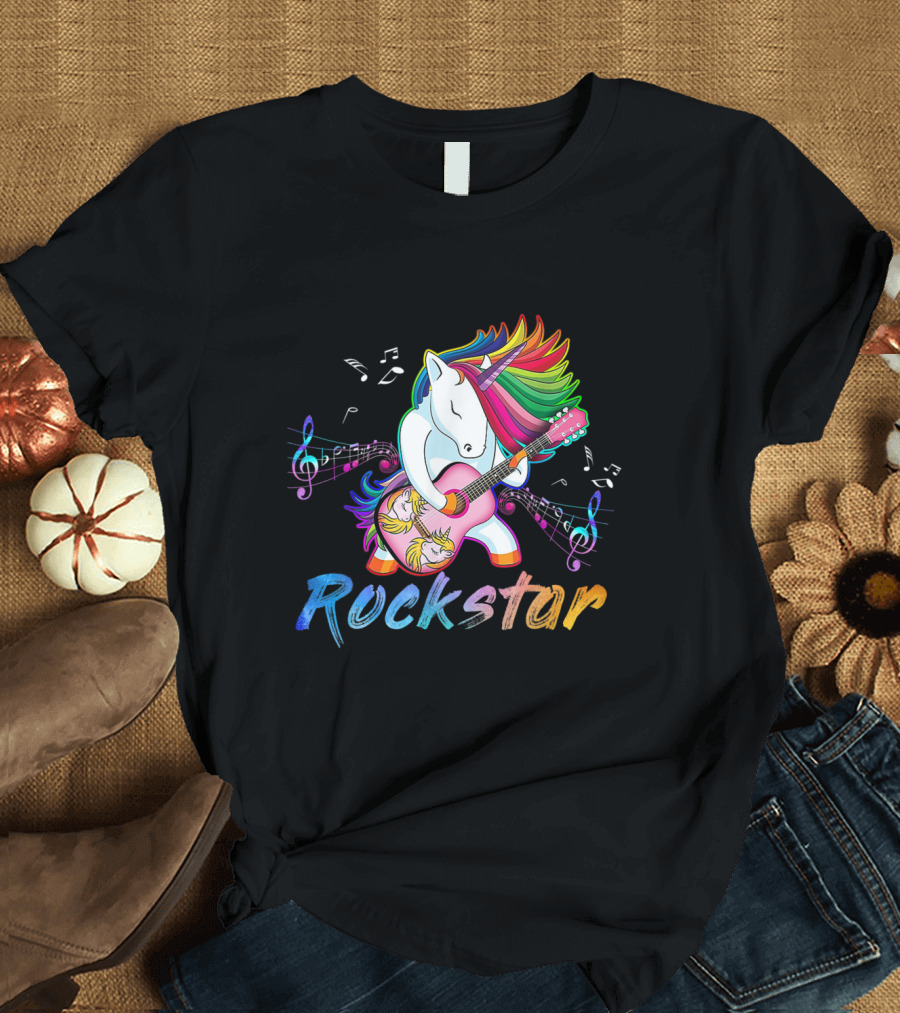 Rockstar Unicorn Rockin' Guitar with Rainbow Mane and Musical Notes T-Shirt