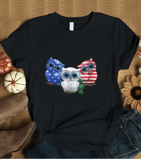T-Shirt: Patriotic Owl Trio in Blue Stars White Red Stripes Flag Colors T-Shirt Patriotic Owl Trio in Blue Stars White Red Stripes Flag Colors T-Shirt