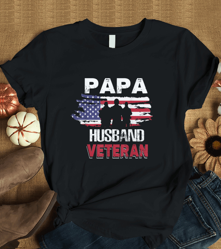 Papa Husband Veteran American Flag T-Shirt