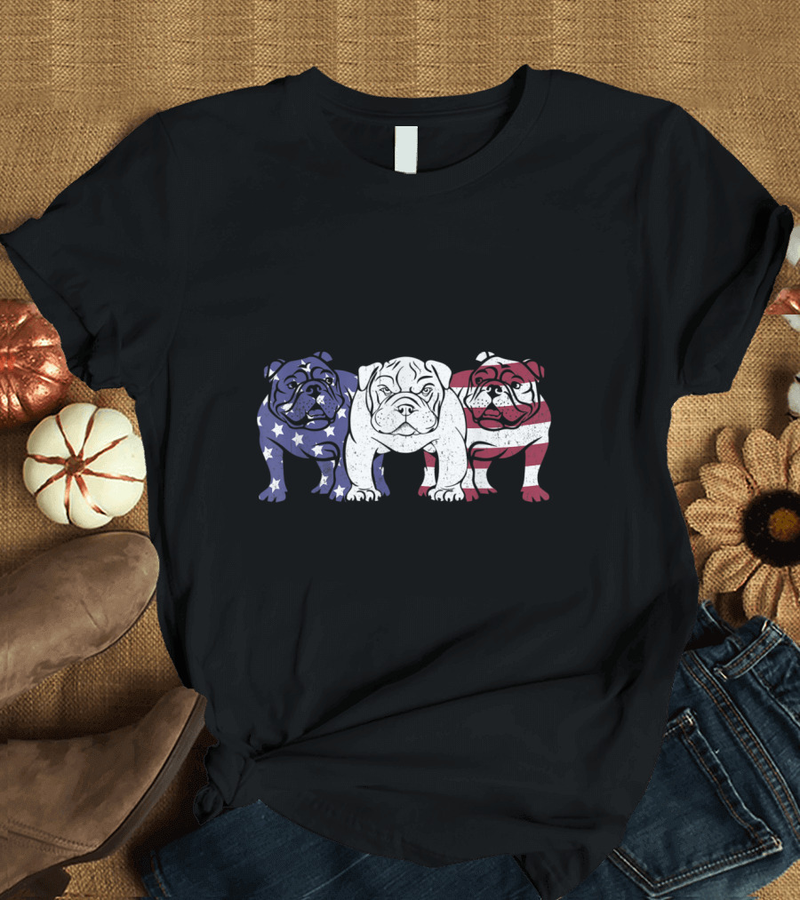 English Bulldog Trio with Stars and Stripes American Flag T-Shirt