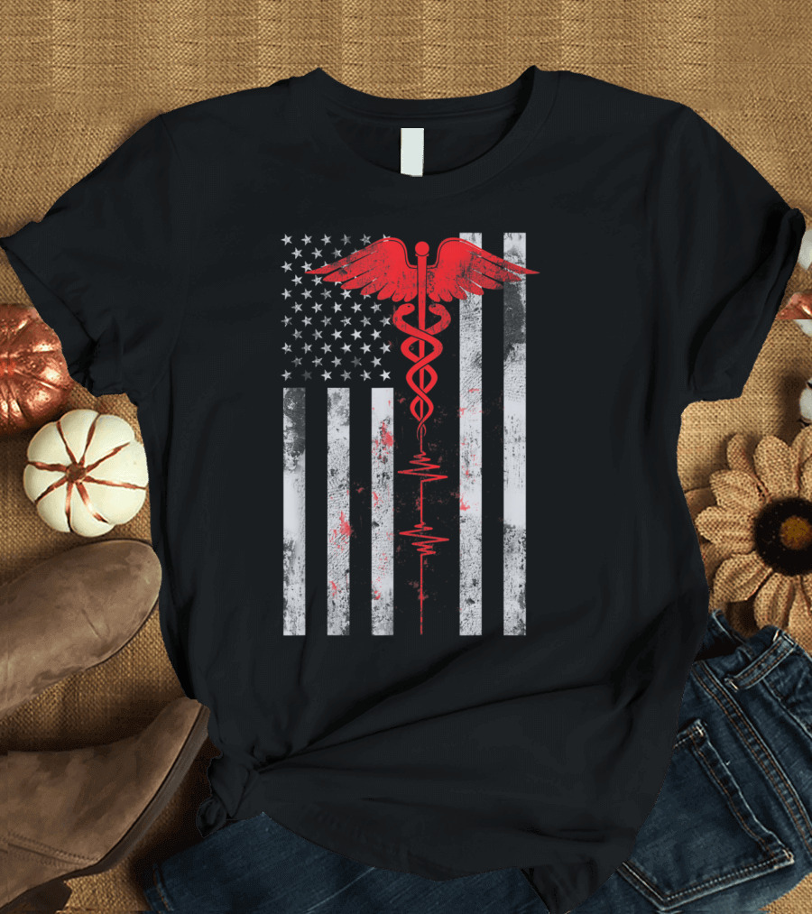 Patriot Nurse Caduceus Red Line American Flag T-Shirt