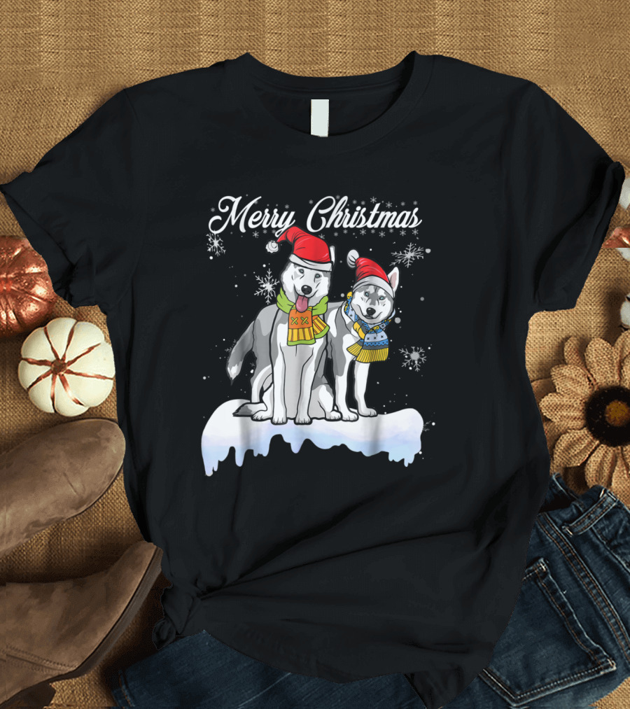 Merry Christmas Santa Siberian Husky with Snowflakes and Winter Hats T-Shirt
