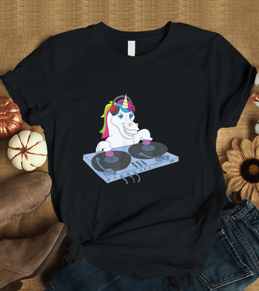 Unicorn DJ at Turntables with Colorful Headphones and Sound Engineer Equipment T-Shirt