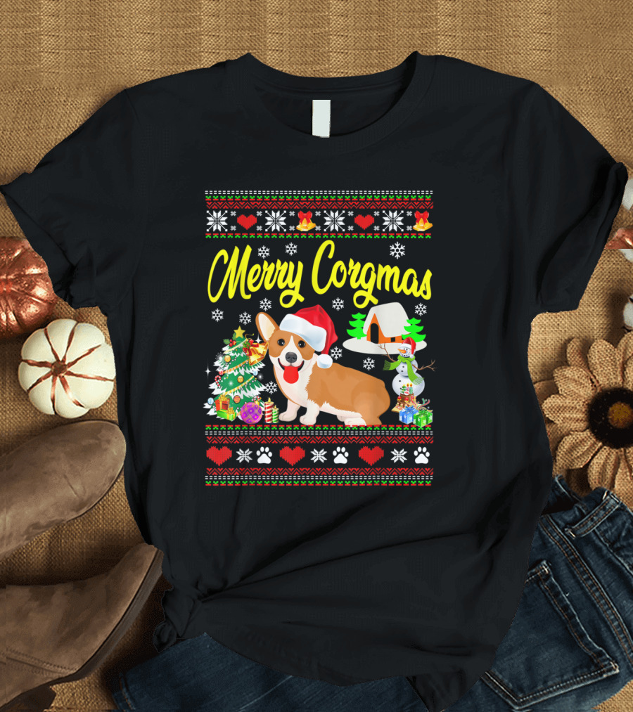 Merry Corgmas Christmas Corgi Santa Hat Snowflakes Christmas Tree Dog House Gifts Snowman Ugly T-Shirt