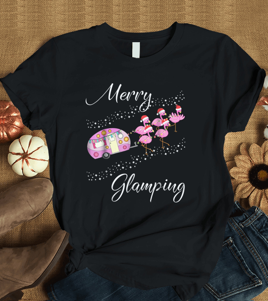 Merry Glamping Christmas with Santa Hat Flamingos and Camper T-Shirt