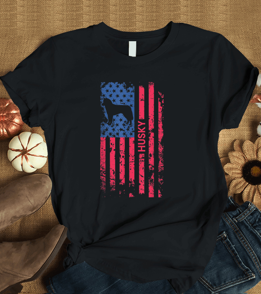 Husky Patriotic American Flag Stars and Stripes 4th of July Siberia T-Shirt