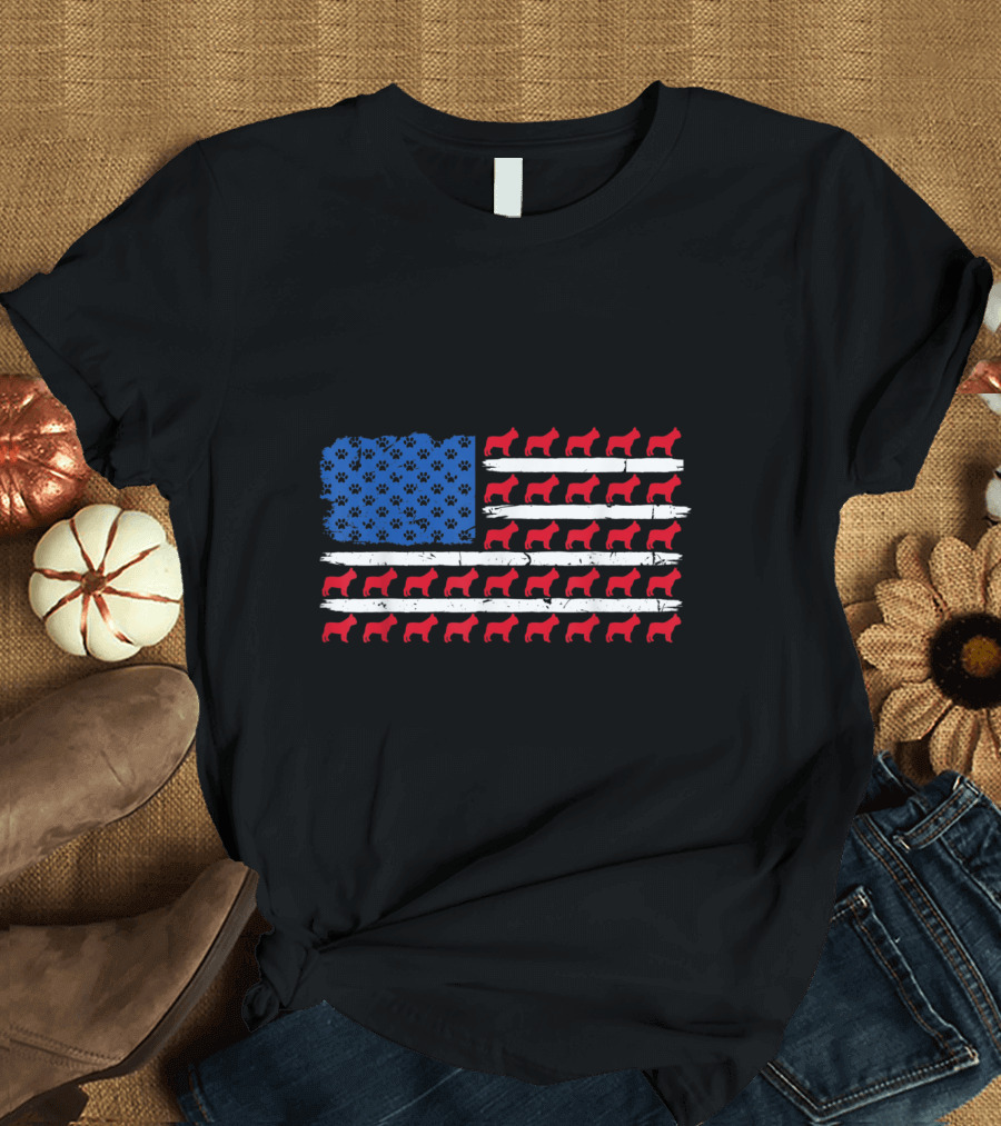 Patriotic American Flag with Paw Prints and French Bulldogs T-Shirt