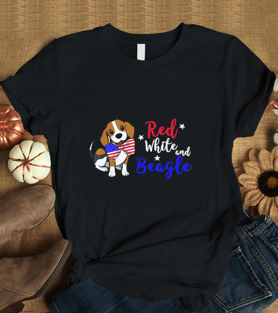 Red White and Beagle with American Flag Bowtie T-Shirt