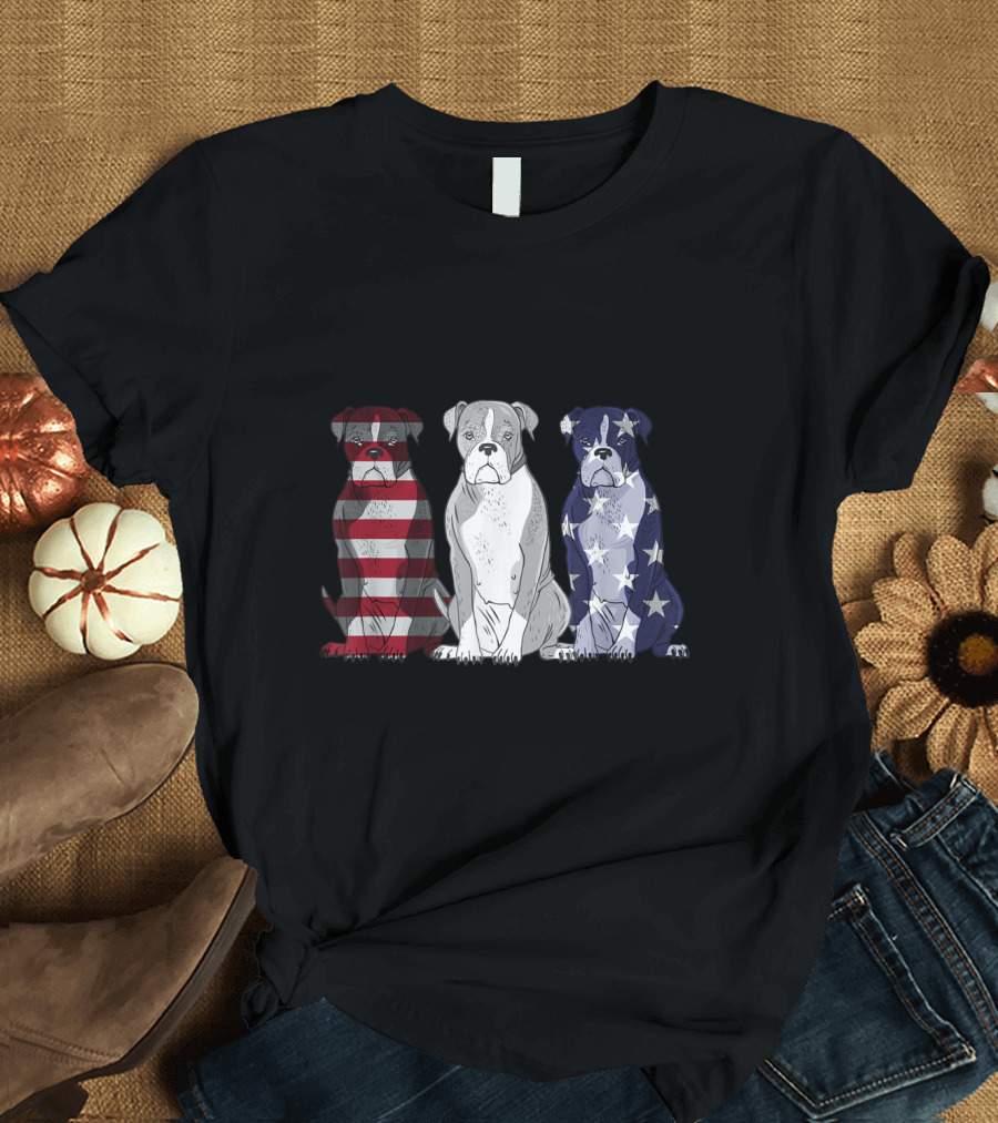 Patriotic Boxer Dog Trio with American Flag Colors T-Shirt