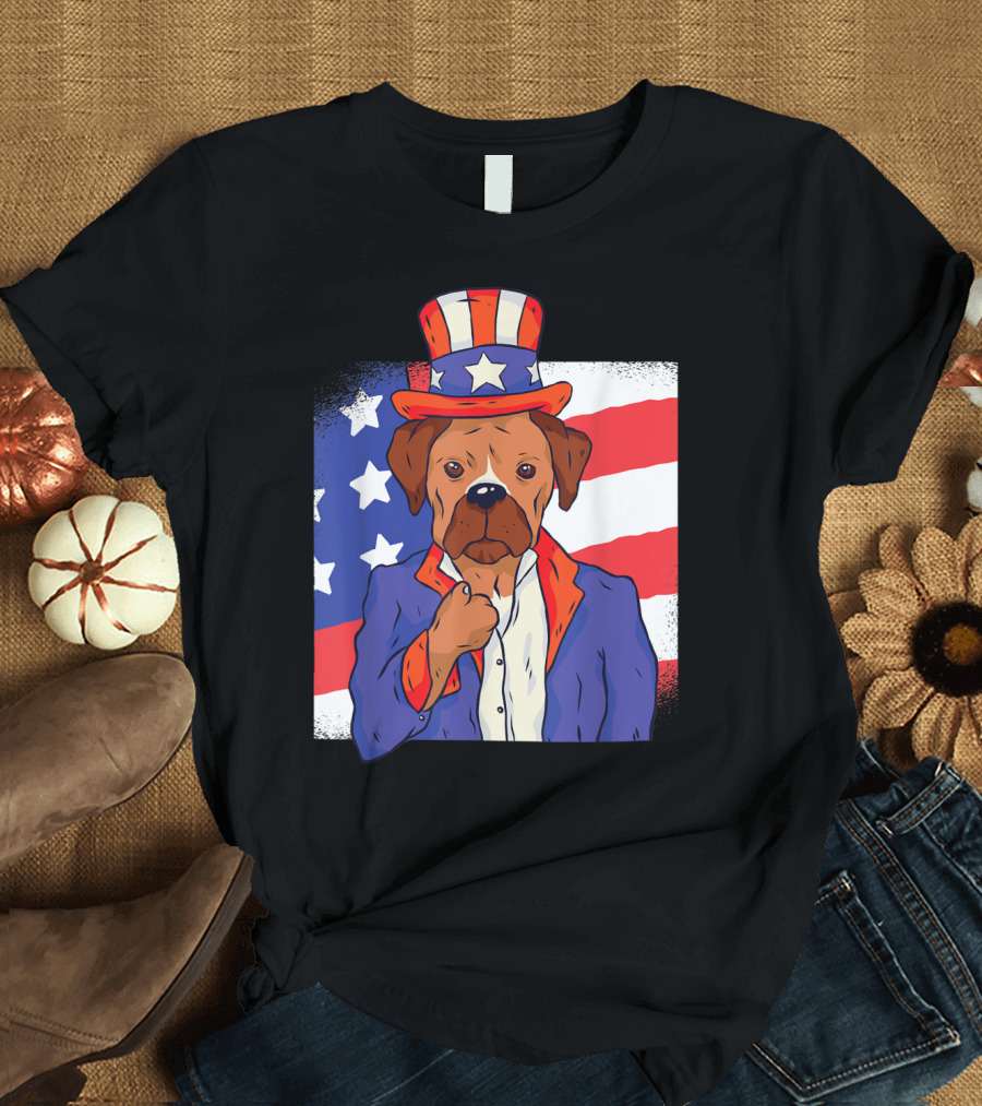 Uncle Sam Inspired Patriotic Boxer Dog with American Flag Background T-Shirt