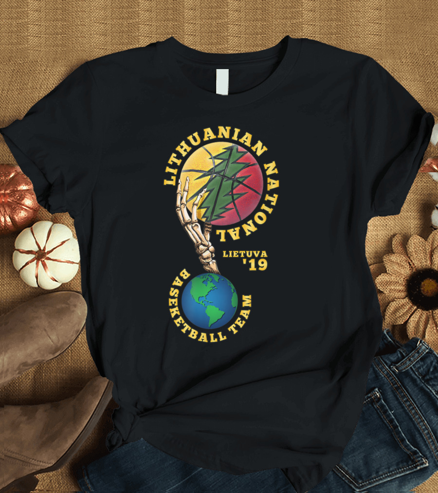 Lithuanian National Basketball Team Lietuva '19 Skeleton Hand Basketball Globe T-Shirt