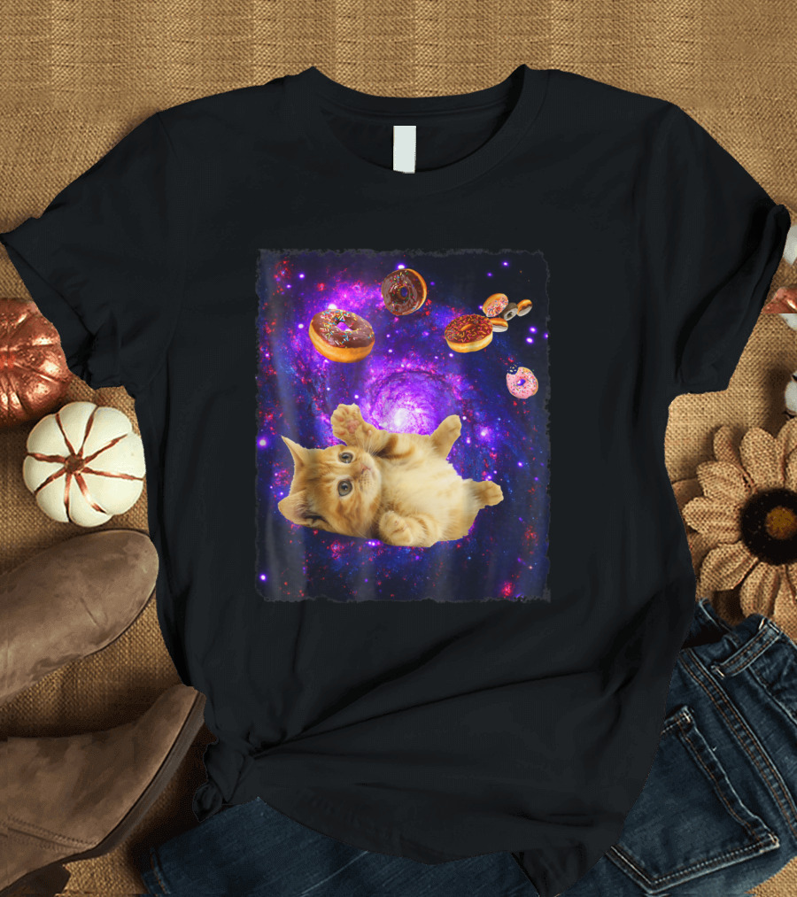 Galaxy Adventure Space Cat with Doughnuts Floating Through Cosmic Nebula T-Shirt