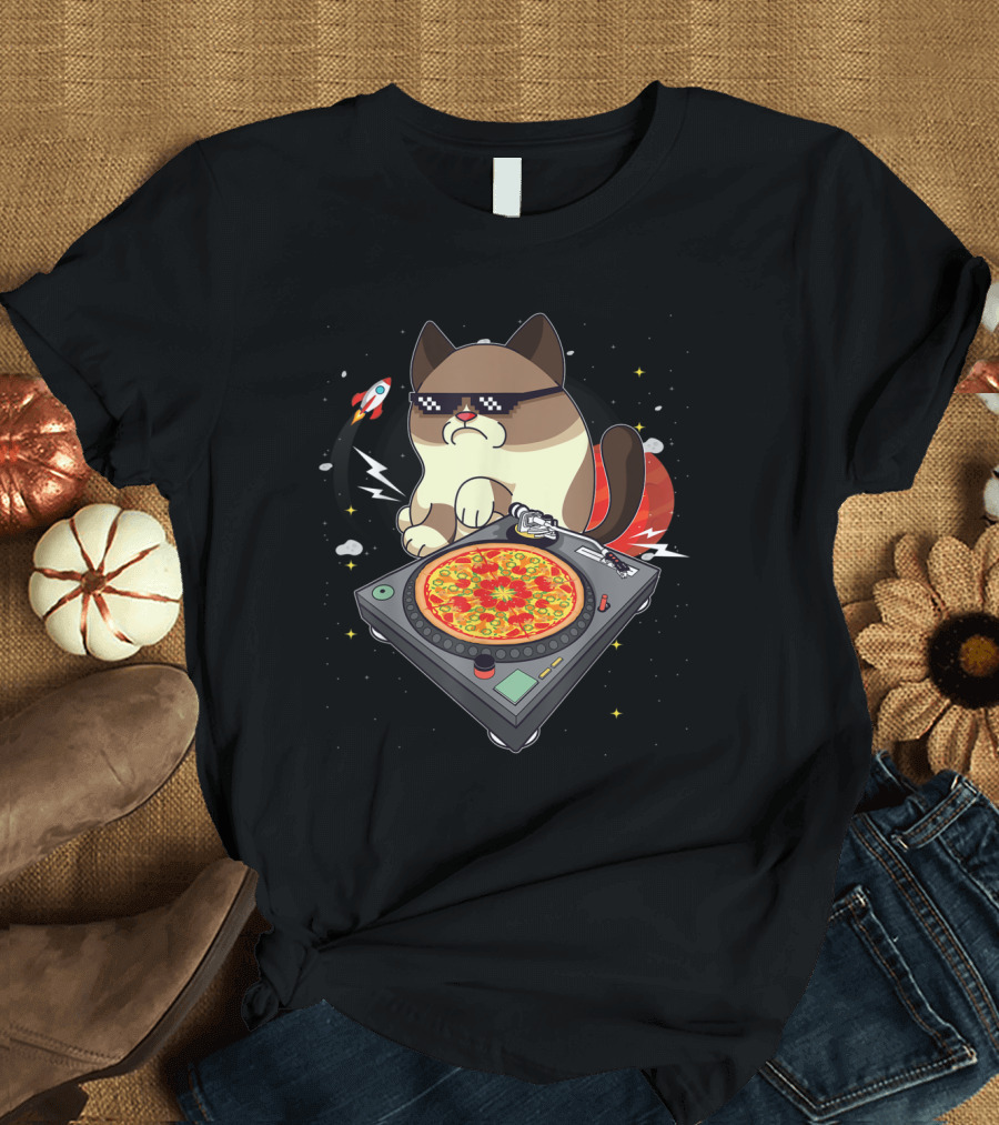 Space Cat DJ Cool Sunglasses Rocket with Pizza Vinyl Turntable T-Shirt