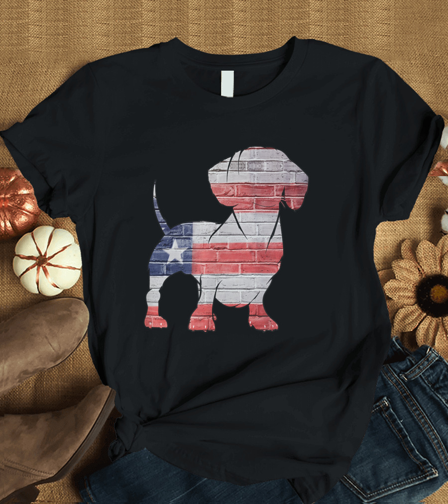 USA Flag Dachshund Silhouette Brick Pattern Patriotic T-Shirt