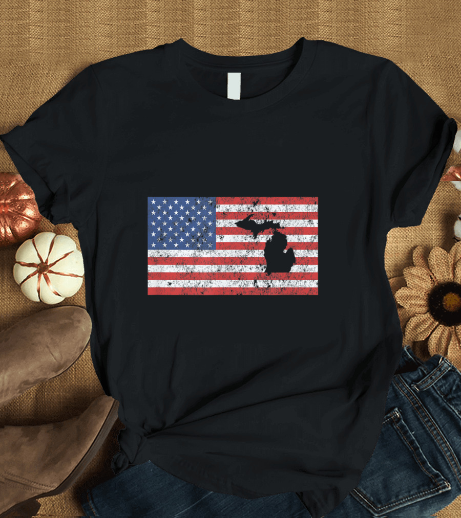 American Flag with Michigan Detroit and Lansing Fourth of July T-Shirt