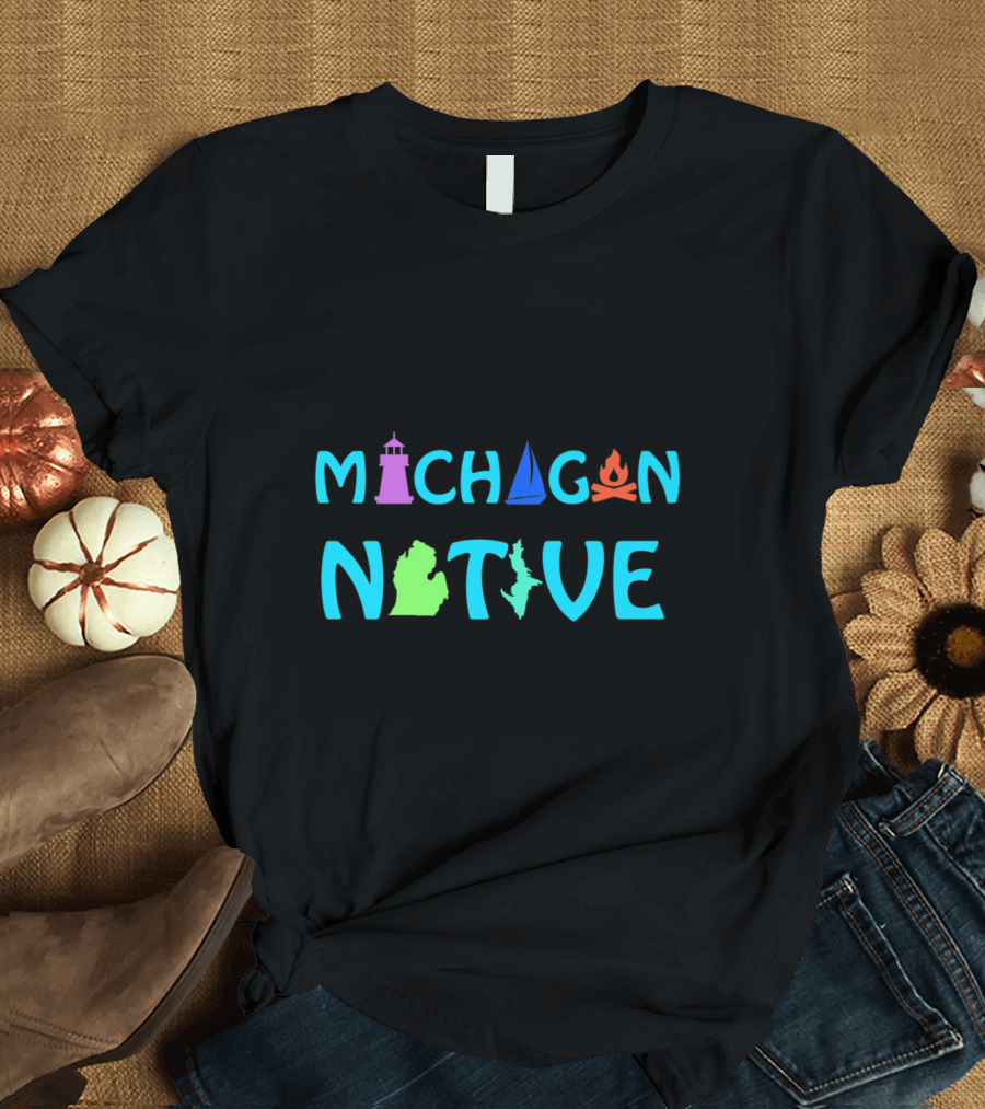 Michigan Native Lighthouse Sailboat Campfire Map T-Shirt