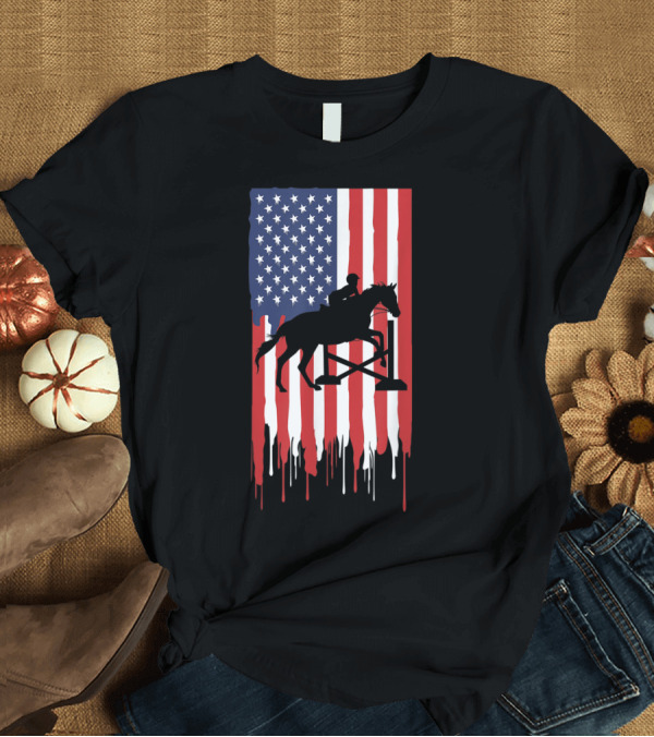 T-Shirt: American Flag Horse Jumping Equestrian Silhouette T-Shirt American Flag Horse Jumping Equestrian Silhouette T-Shirt