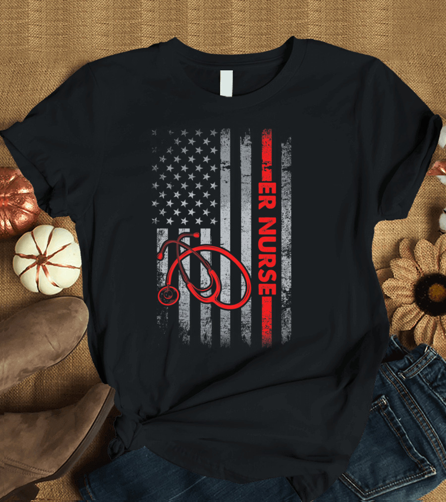 Patriotic ER Nurse USA Flag Stethoscope 4th of July T-Shirt