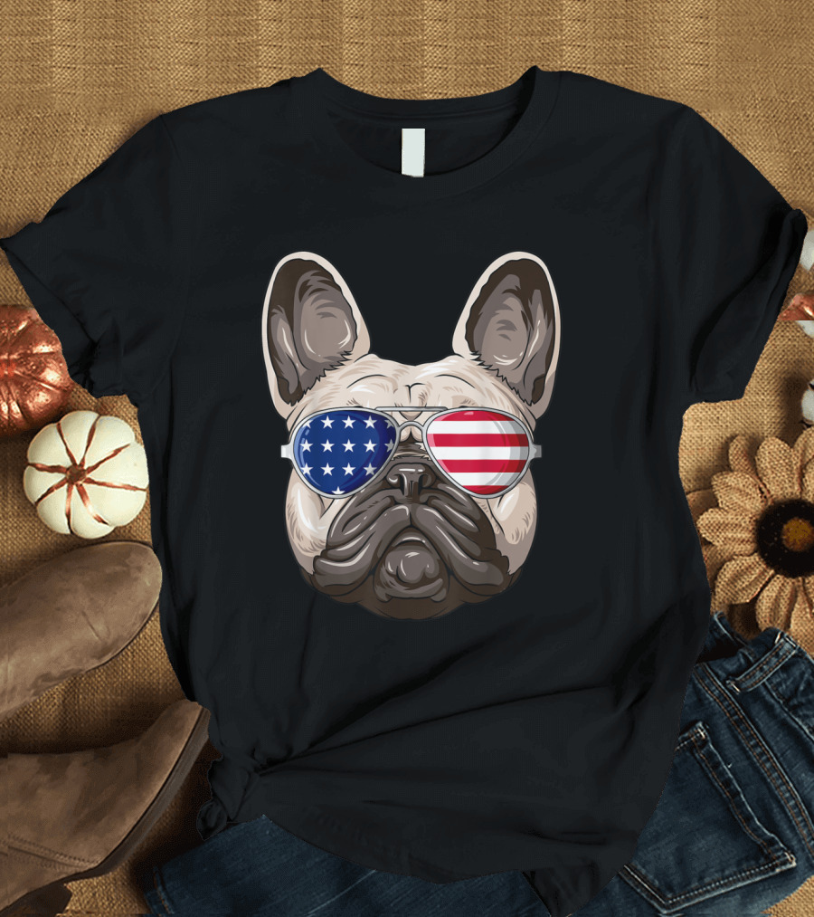 French Bulldog Wearing American Flag Sunglasses Patriotic T-Shirt