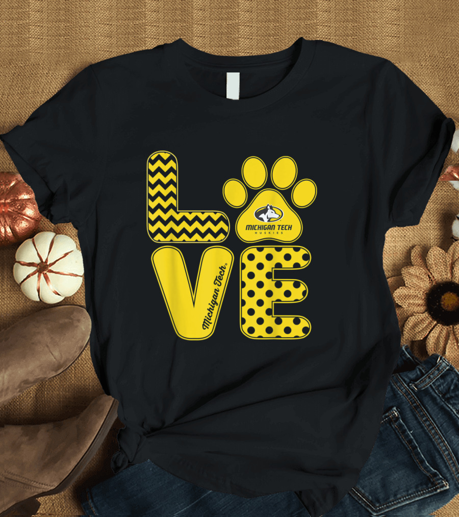 Michigan Tech Huskies Love Paw Logo with Chevron and Polka Dot T-Shirt