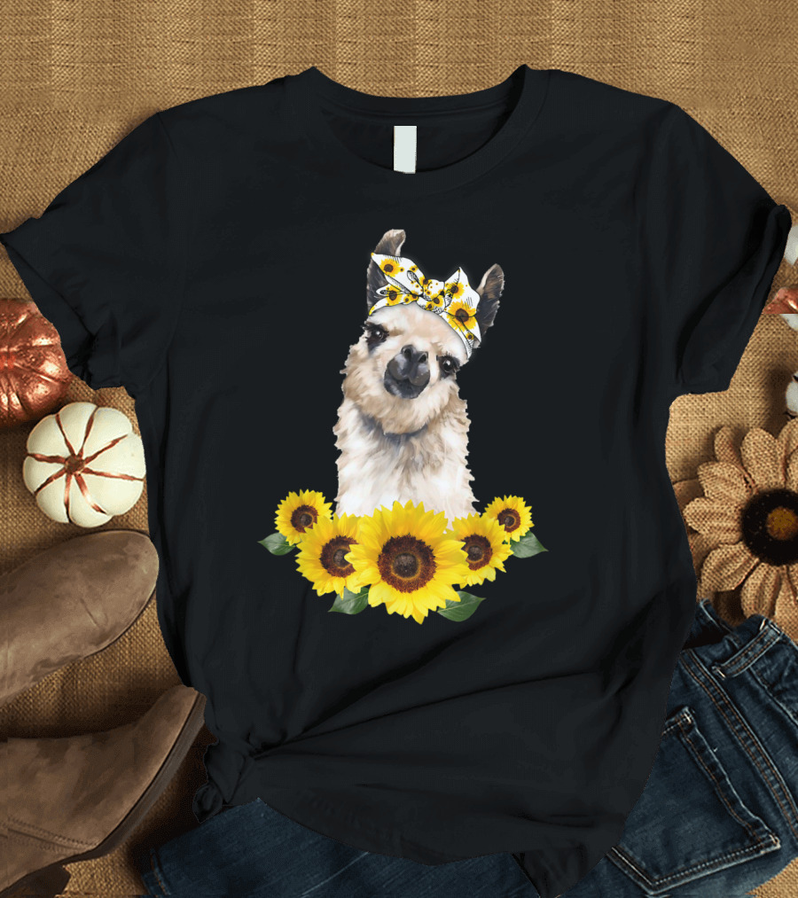 Llama Sunflower Bow with Floral Headband and Sunflowers T-Shirt