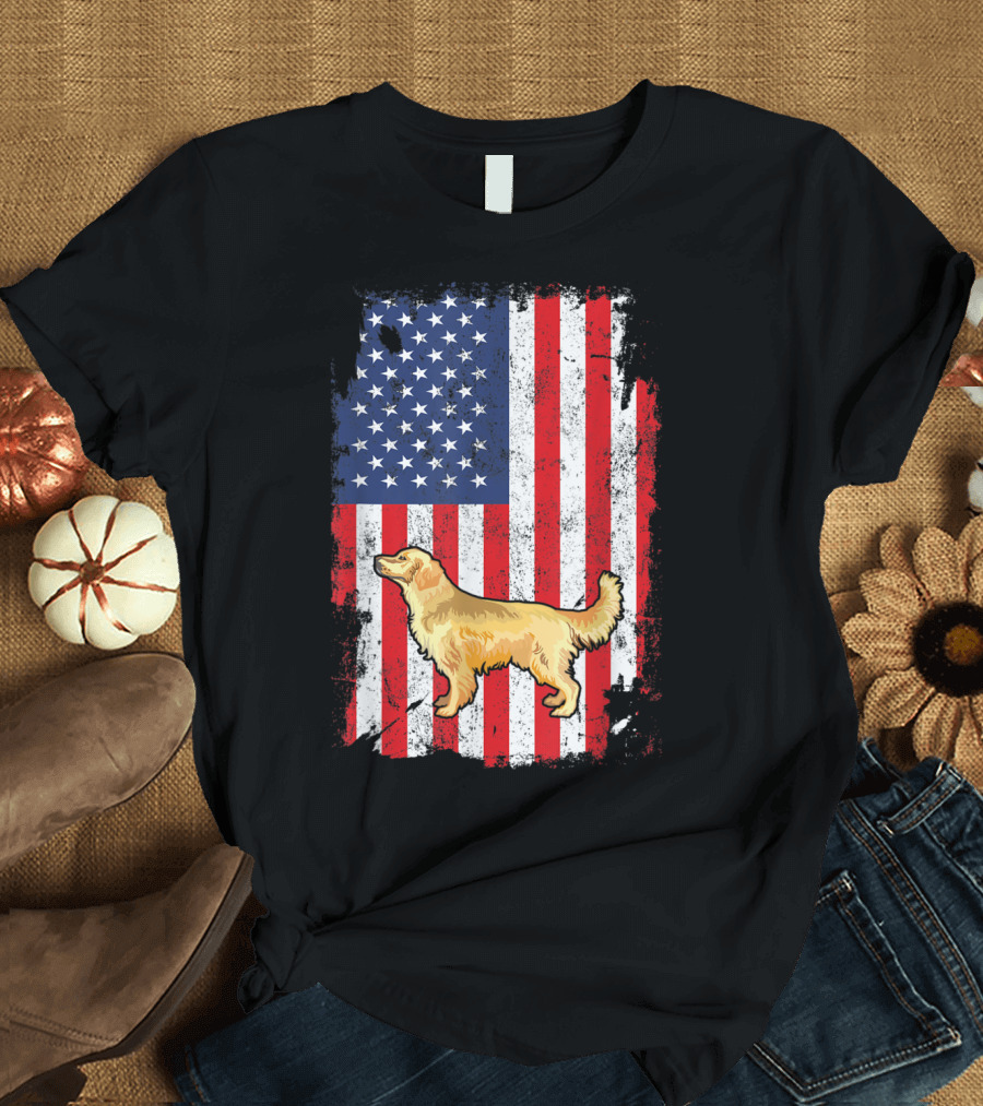 Golden Retriever with American Flag in Patriotic T-Shirt