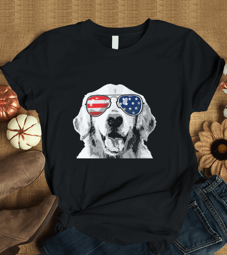 Golden Retriever with American Flag Sunglasses T-Shirt