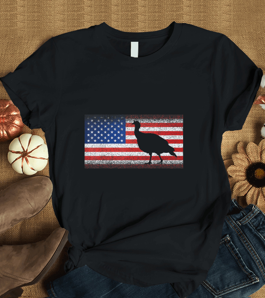 Patriotic Turkey Hunter with American Flag Background T-Shirt