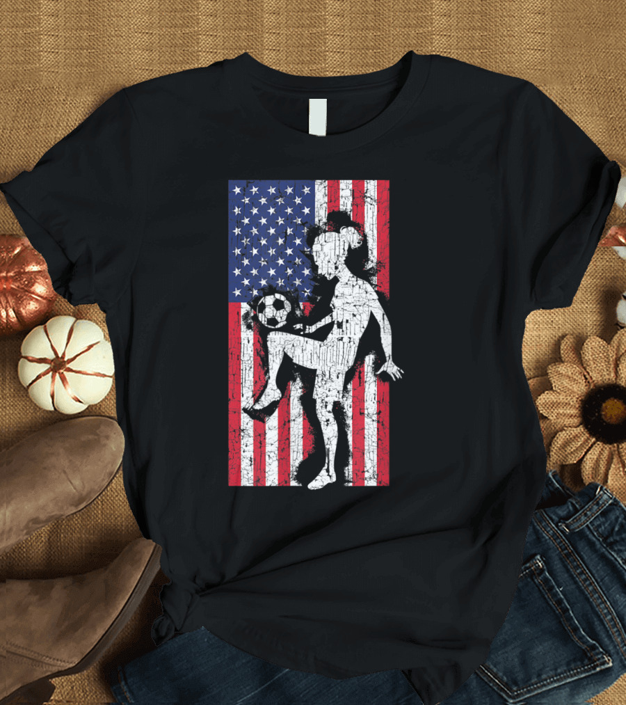 USA Flag Soccer Girl Silhouette with Ball and Stars Stripes T-Shirt