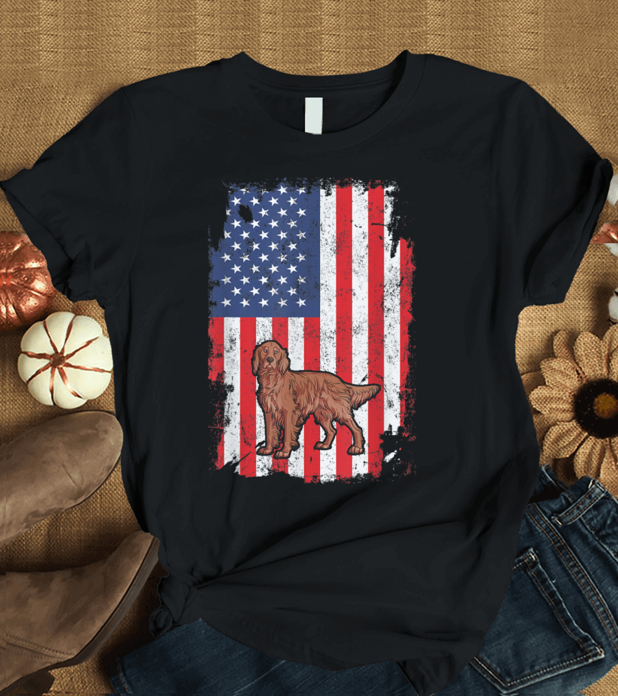 American Flag with Irish Setter Dog in Patriotic T-Shirt