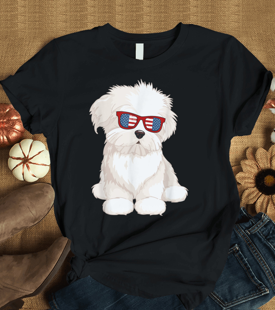 Patriotic Maltese Dog Wearing American Flag Sunglasses T-Shirt