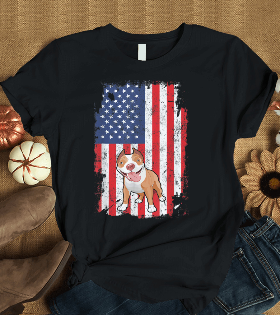 American Flag With Happy Patriotic Pitbull Dog T-Shirt