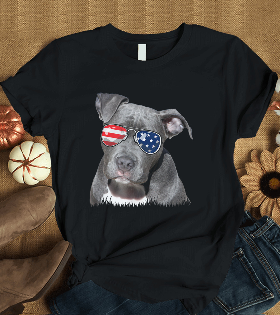 Patriotic Pitbull Dog with American Flag Sunglasses T-Shirt