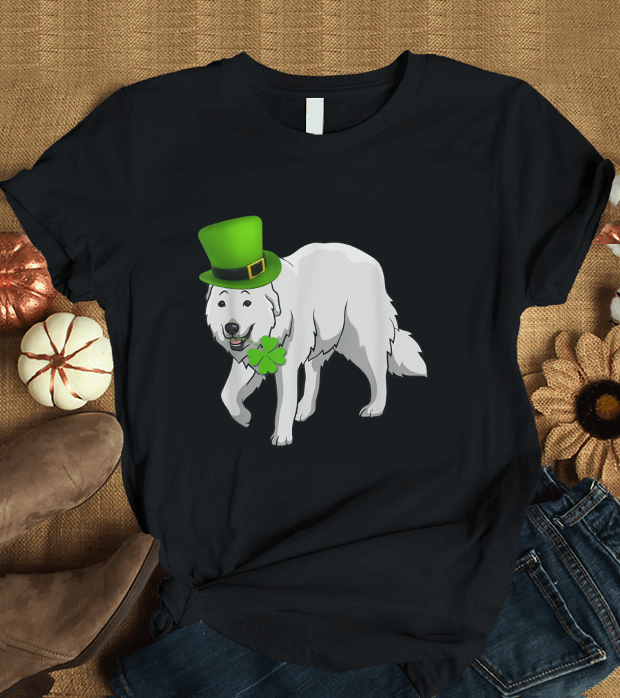 Great Pyrenees Dog with Shamrock and Green Hat for St Patrick's Day Irish T-Shirt