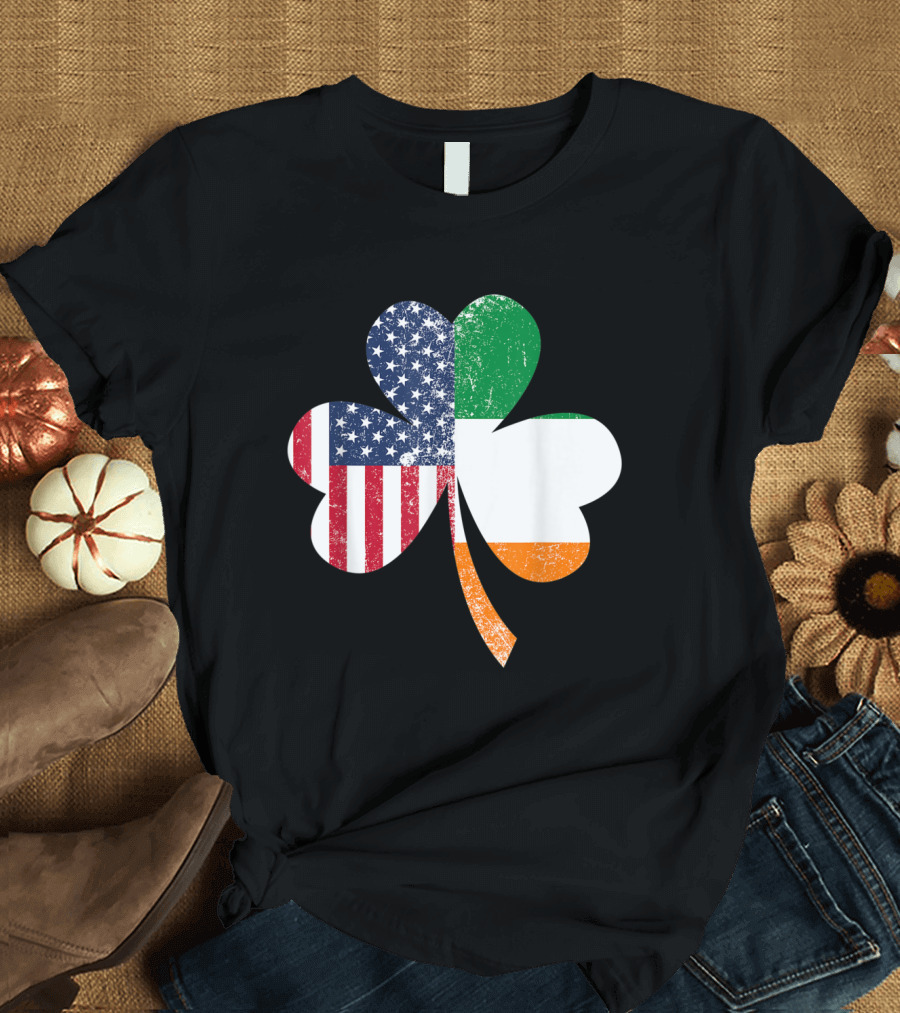 USA Flag US Irish Flag Ireland Shamrock Emblem T-Shirt