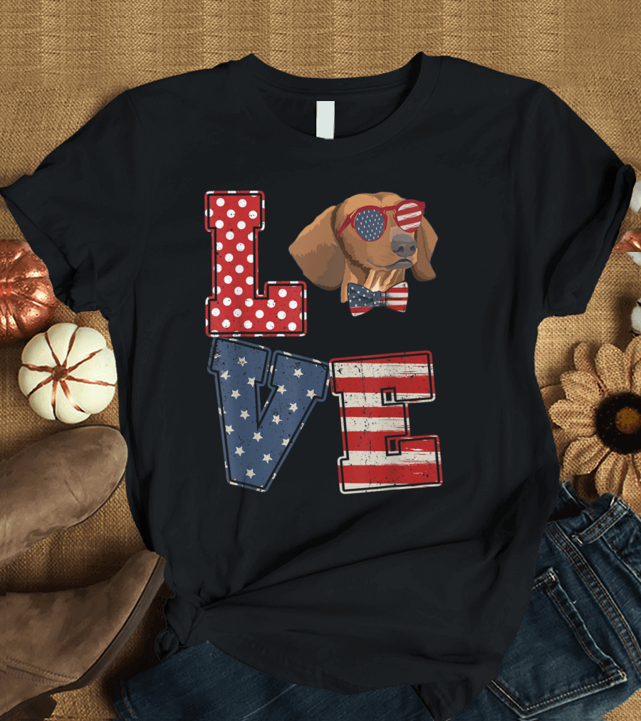 LOVE Dachshund US Flag Sunglasses Bow Tie Patriotic Stars Stripes T-Shirt