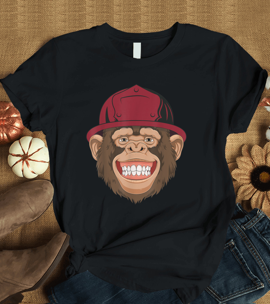 Monkey Wearing Red Firefighter Hat with Big Smile T-Shirt