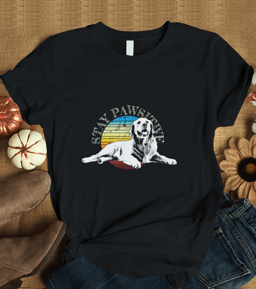 Stay Pawsitive Retro Golden Retriever Vintage Sunset T-Shirt