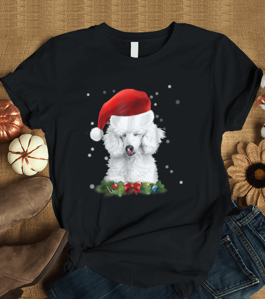 Standard Poodle in Santa Hat Licking Snowflakes with Festive Christmas Decor T-Shirt