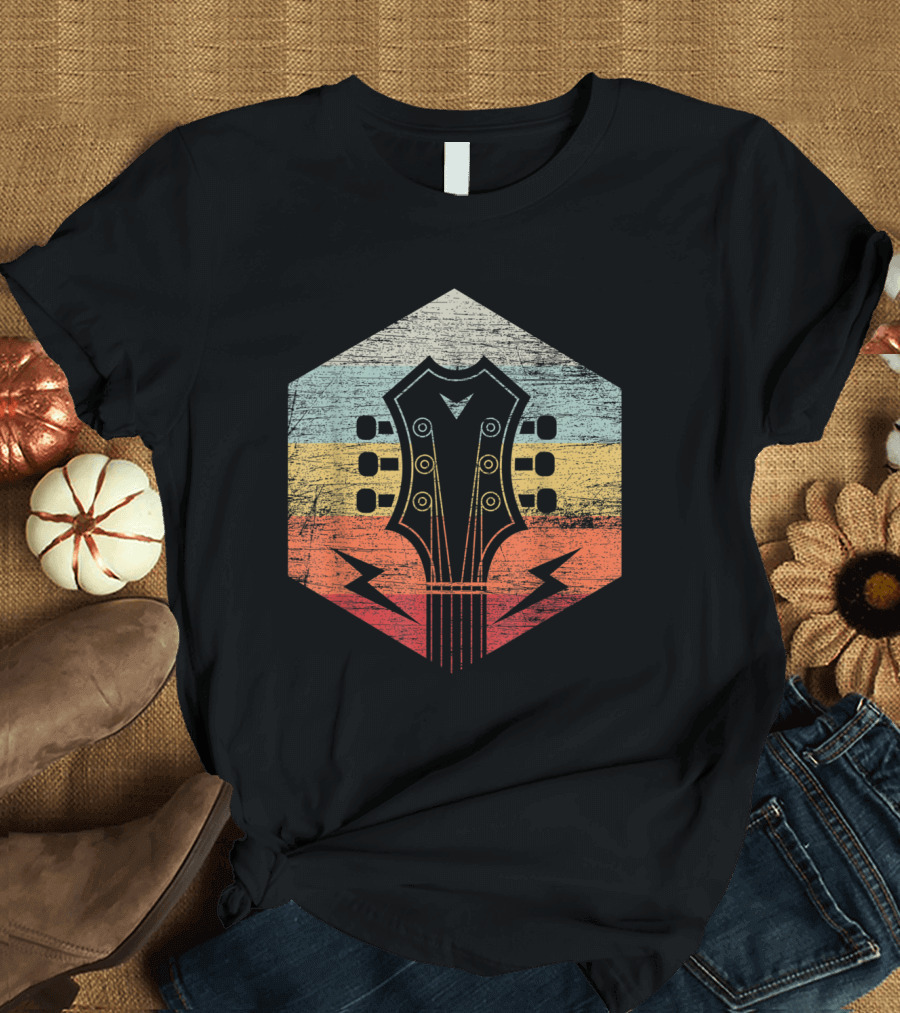 Vintage Guitar Headstock with Retro Stripes and Lightning Bolts T-Shirt