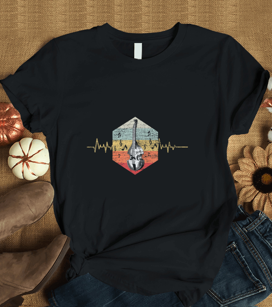 Retro Heartbeat Cello Musician with Musical Notes and Vintage Stripes T-Shirt