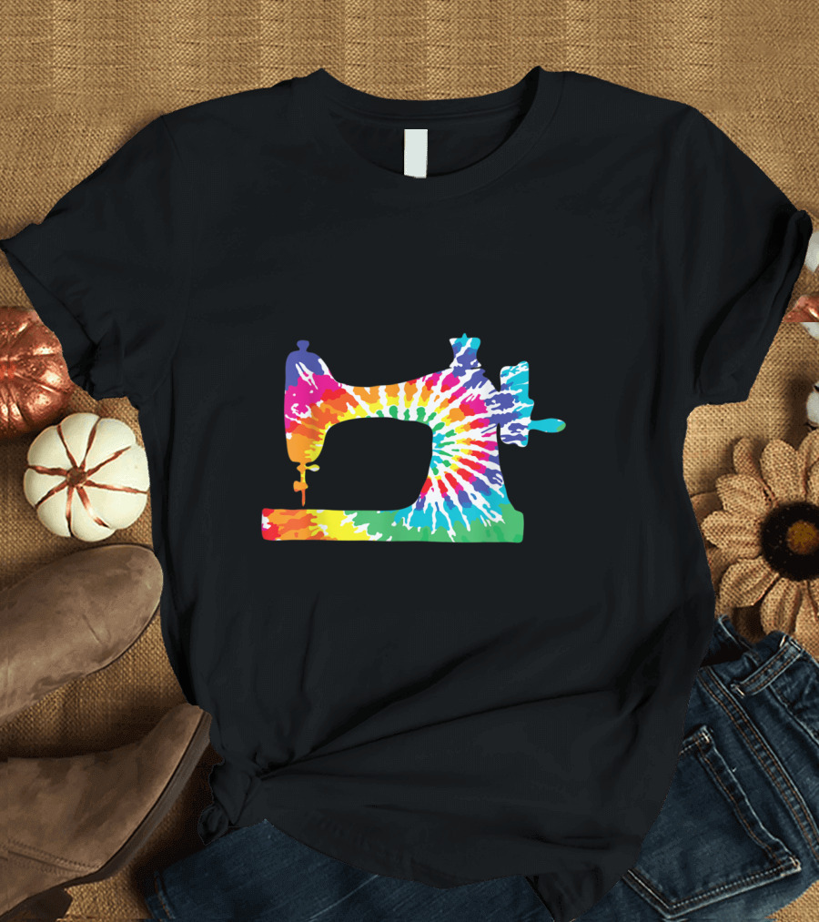 Retro Hippie Rainbow Tie-Dye Sewing Machine T-Shirt