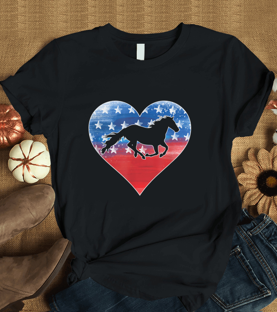 Love Horses Patriotic Heart American Flag 4th Of July T-Shirt