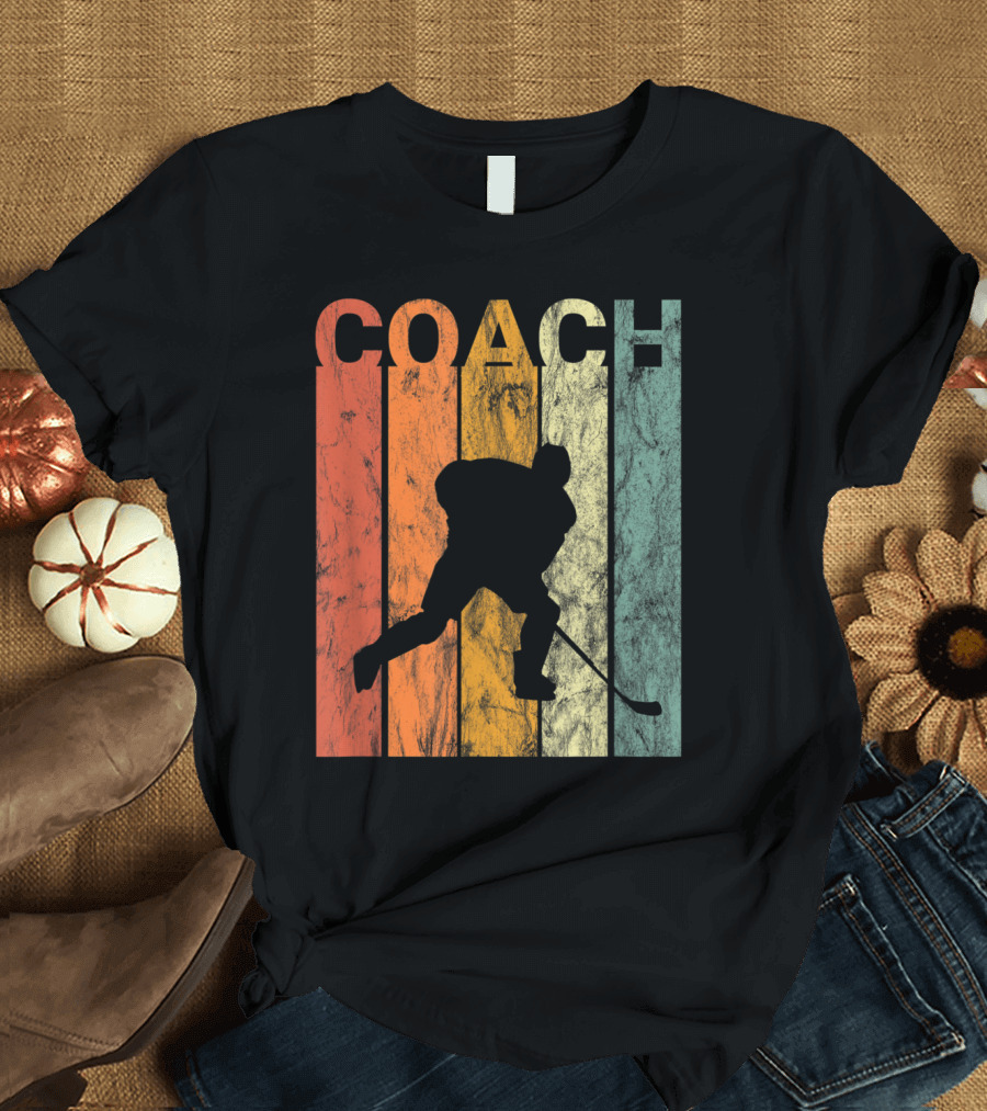 Retro Ice Hockey COACH Silhouette Skating on Vintage Stripes T-Shirt