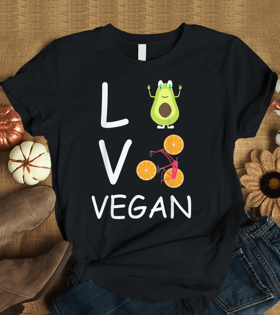 Vegan Love Avocado Bicycle Cycling with Orange Wheels T-Shirt