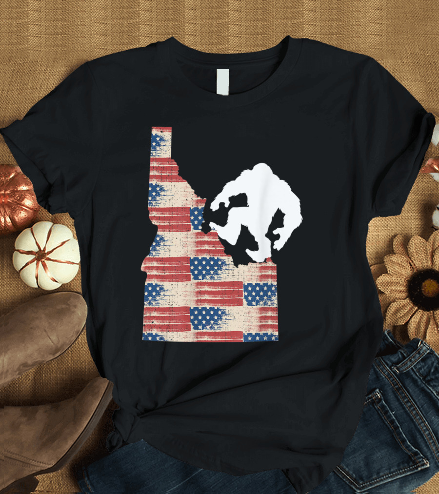 Idaho Map and Sasquatch Silhouette with American Flag Stripes T-Shirt