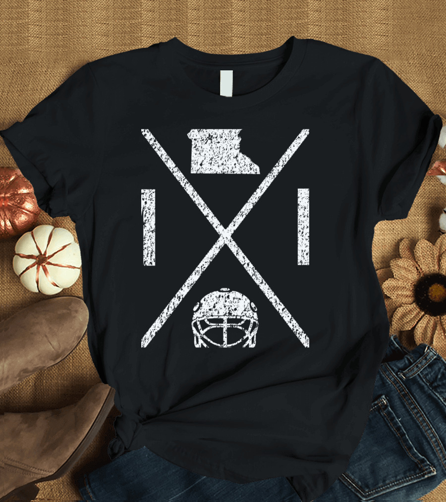 State of Minnesota Hockey Crossed Sticks Helmet and Map T-Shirt
