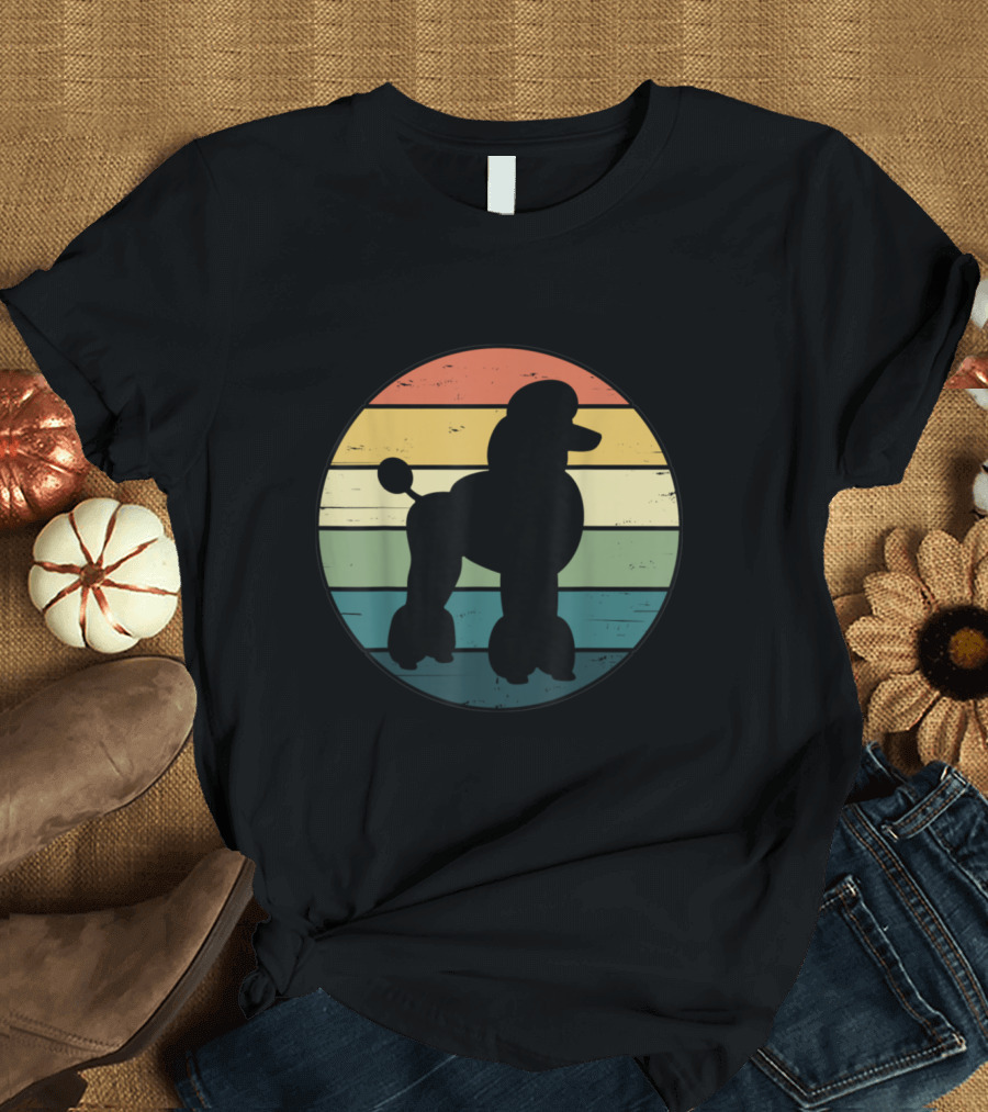 Retro Rainbow Stripes Silhouette Poodle Dog T-Shirt