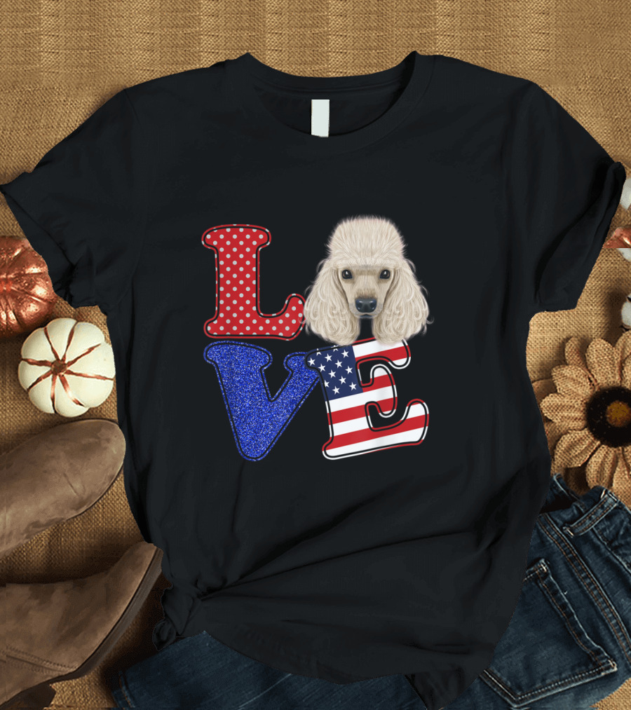 LOVE Poodle Dog American Flag Polka Dot and Glitter T-Shirt