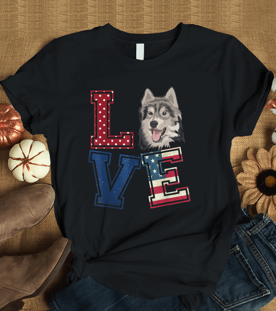 LOVE American Flag Siberian Husky Face Iconic T-Shirt
